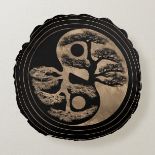 Coussins Ronds Noir et or d'arbre de Yin Yang