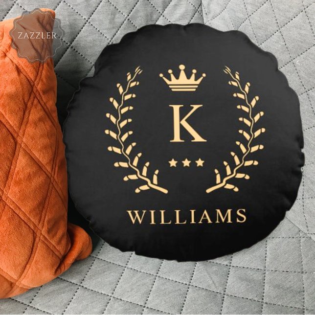 Coussins Ronds Nom de la Personnaliser et premier monogramme noir (Customize Name & Initial Black White Gold Monogram Round Pillow)