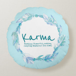 Coussins Ronds Nom de l'aquarelle en plumes signifiant Karma aqua