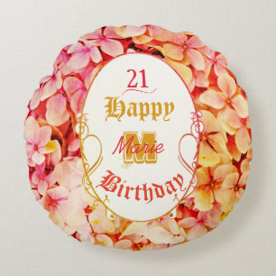 Coussins Ronds Nom du monogramme Floral Elegant 21e Joyeux Annive