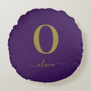 Coussins Ronds Nom Du Script Monogramme Personnalisé Purple Et Or