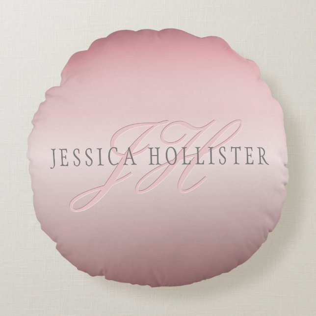 Coussins Ronds Nom et monogramme | Soft FAUX Rose Gold Blush (Devant)