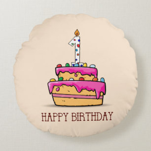 Coussins Ronds Nom personnalisé, 1er anniversaire, Gâteau rose su