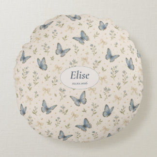Coussins Ronds Nom personnalisé Papillon Bleu Nœud Cadeau Floral