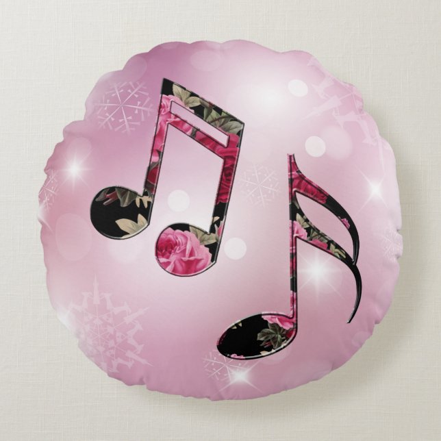 Coussins Ronds Notes musicales florales Pink Snowflakes (Devant)