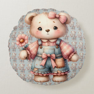 Coussins Ronds Nounours pastel tenant une fleur et portant une sa