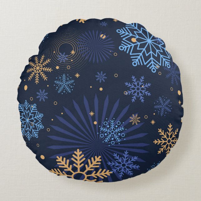 Coussins Ronds Nuit d'hiver : Blue Snowflake Motif. (Devant)
