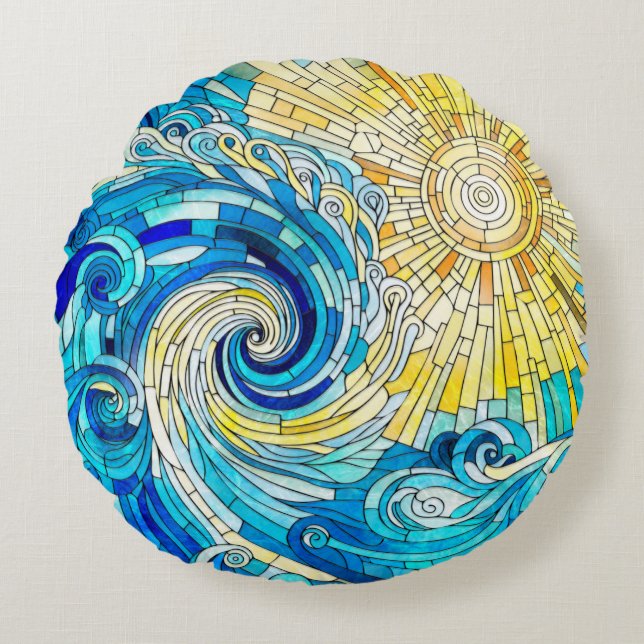 Coussins Ronds Ocean Wave Sun mosaïque art (Devant)