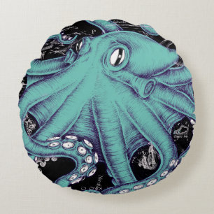 Coussins Ronds Octopus Teal vintage map