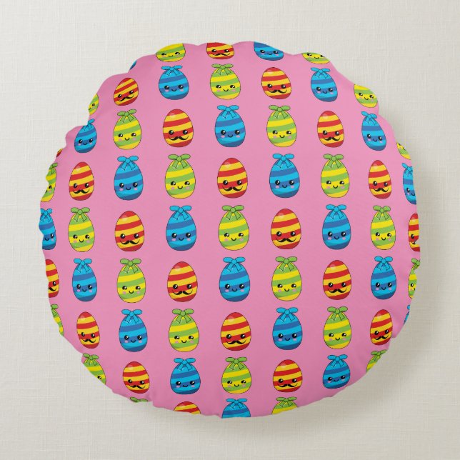 Coussins Ronds Oeufs de Pâques de Kawaii avec des rubans (Devant)