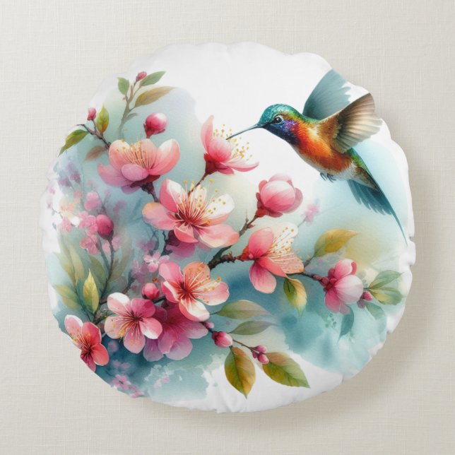 Coussins Ronds OEuvre florale/printanière de colibri (Devant)