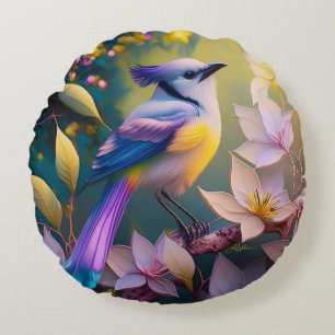 Coussins Ronds Oiseau à poitrine jaune violet