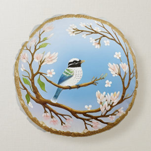Coussins Ronds Oiseau bleu coloré perché sur une branche en fleur