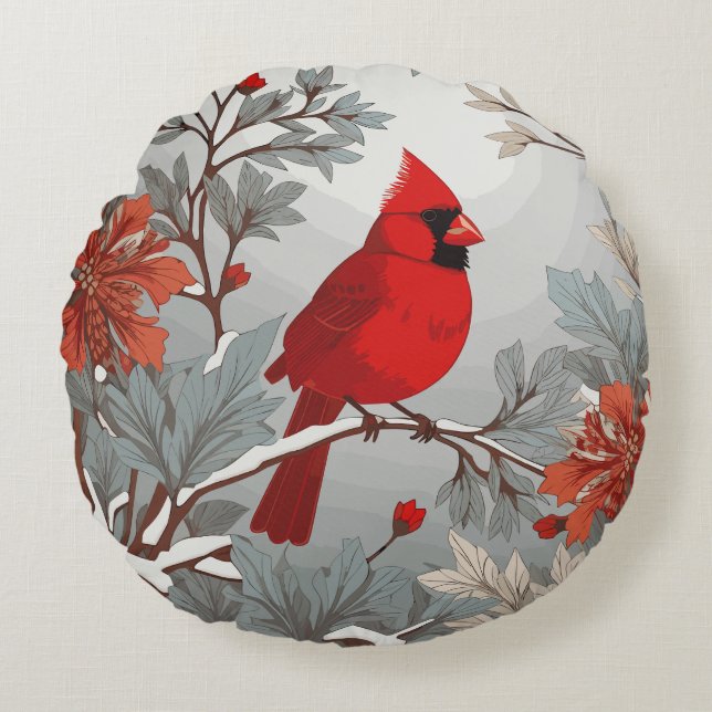 Coussins Ronds Oiseau cardinal rouge hivernal (Devant)