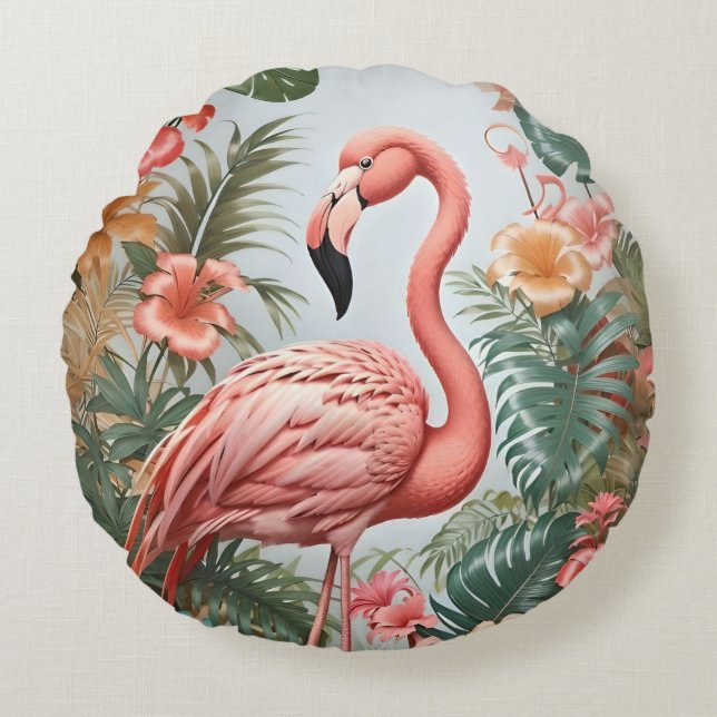 Coussins Ronds Oiseau de Flamant rose rose élégant et fleurs trop (Devant)