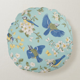 Coussins Ronds Oiseau Vintage bleu et fleurs