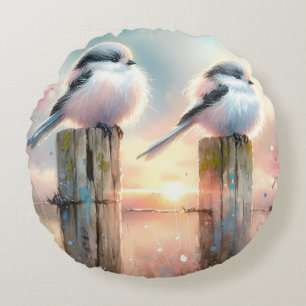 Coussins Ronds Oiseaux à l'aquarelle pastel sur une clôture au co