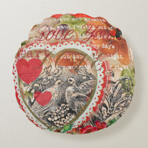 Coussins Ronds Oiseaux de l'amour Cœur Rouge Collage d'art