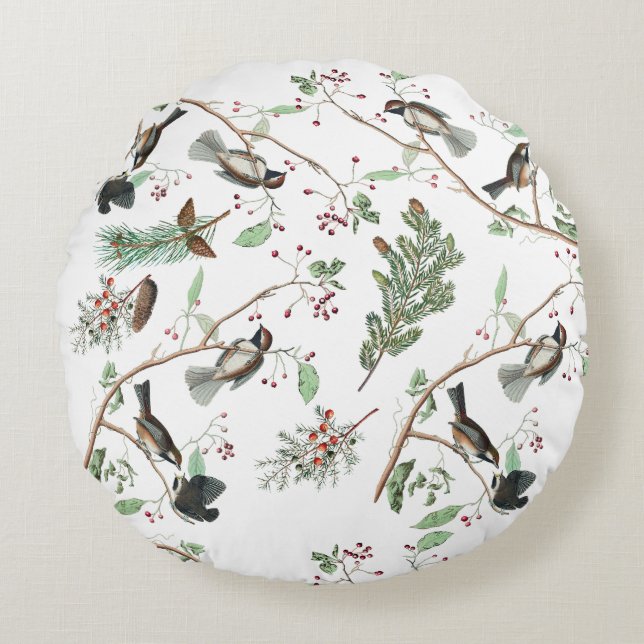 Coussins Ronds Oiseaux de poulet Baies et Pinecones Aquarelle (Devant)