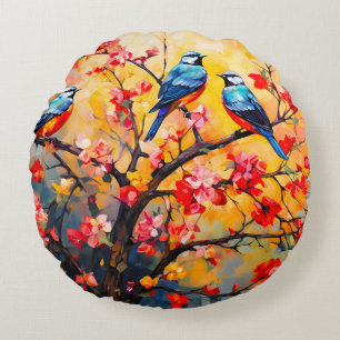 Coussins Ronds Oiseaux de printemps colorés en fleurs