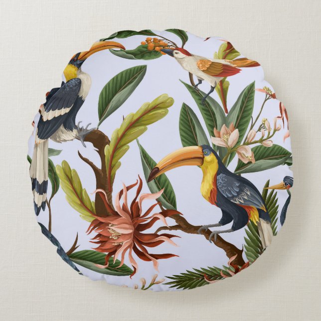 Coussins Ronds Oiseaux & Fleurs : Motif Vintage tropical. (Devant)