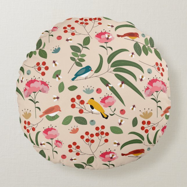 Coussins Ronds Oiseaux floraux dessinés à la main Abeilles Motif  (Devant)