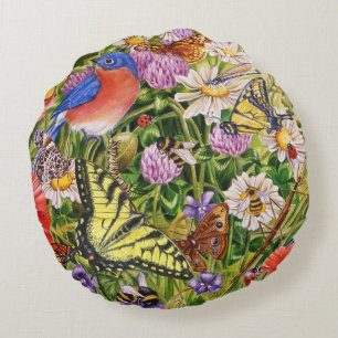 Coussins Ronds Oiseaux, papillons et abeilles