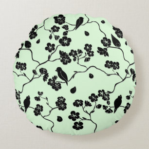 Coussins Ronds Oiseaux sur les fleurs de cerisiers Noir sur le ve