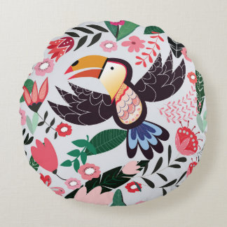 Coussins Ronds Oiseaux tropicaux, motif de gribouillis à fleurs.
