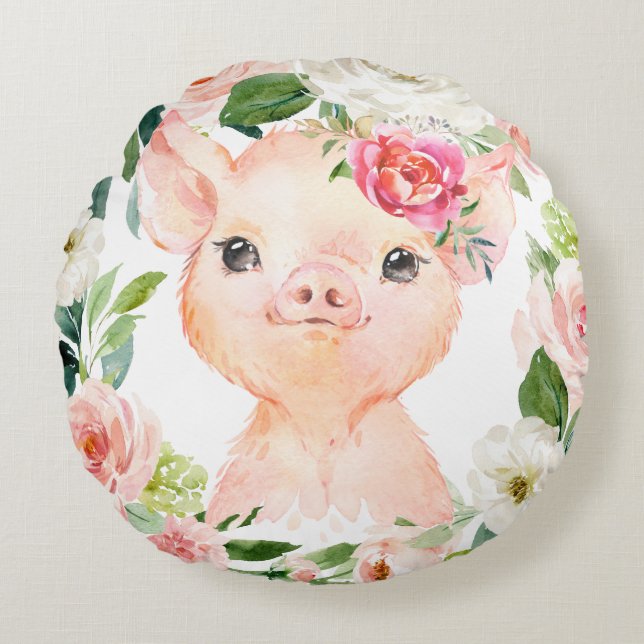 Coussins Ronds Olivia Pigsley Cochon avec couronne florale rose b (Devant)
