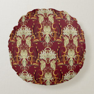 Coussins Ronds Or rouge floral, motif vintage luxueux.
