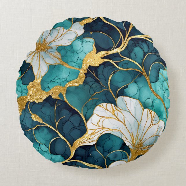 Coussins Ronds Or Turquoise floral japonais (Devant)