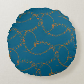 Coussins Ronds Orange Gold on Blue Music Note Pattern 