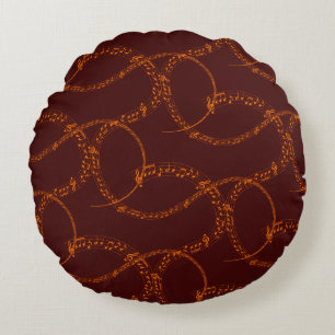 Coussins Ronds Orange Gold sur Burgundy Music Note Motif
