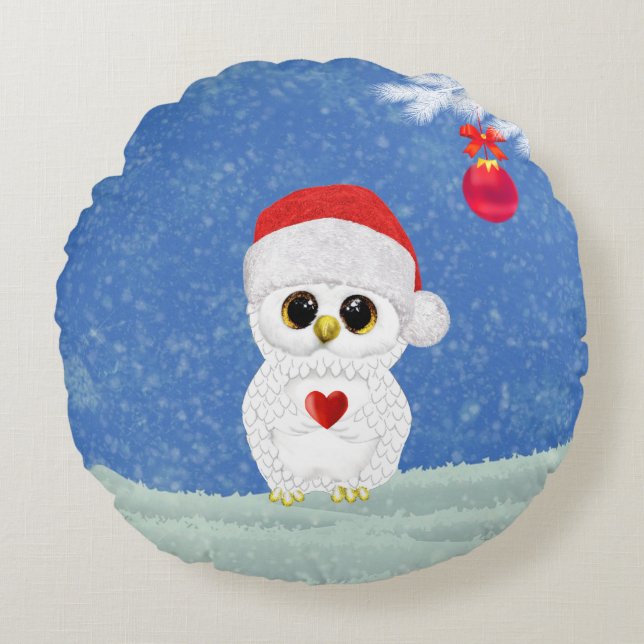 Coussins Ronds Oreiller à lancer de la chouette de Noël blanche (Devant)