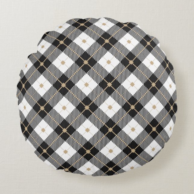 Coussins Ronds Oreiller à lancer rond noir blanc et doré (Devant)