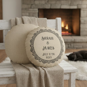 Coussins Ronds Oreiller de mariage rustique rond avec noms de fer