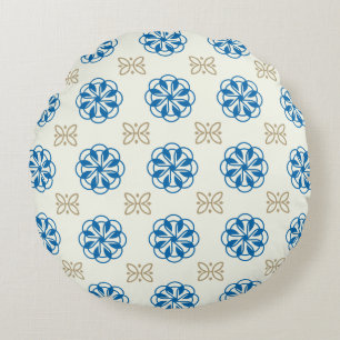 Coussins Ronds Oreiller rond au design floral bleu cobalt et or