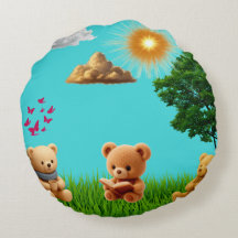 Oreiller rond double-face Teddy thème jour et nuit