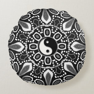 Coussins Ronds Oreiller rond géométrique tribal noir et blanc Yin