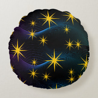 Coussins Ronds Oreiller rond Neon Golden Stars Cosmic Wave