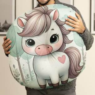 Coussins Ronds Oreiller rond Poney Mignon dans une Forêt Fantaisi