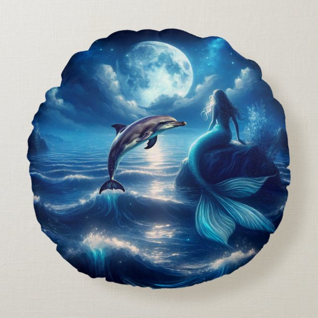 Coussins Ronds Oreillers à lancer ronde de sirène et de dauphin (Devant)