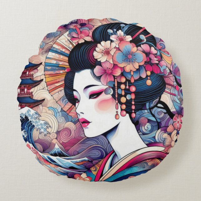 Coussins Ronds Oriental abstrait Geisha fleurs roses vagues (Devant)