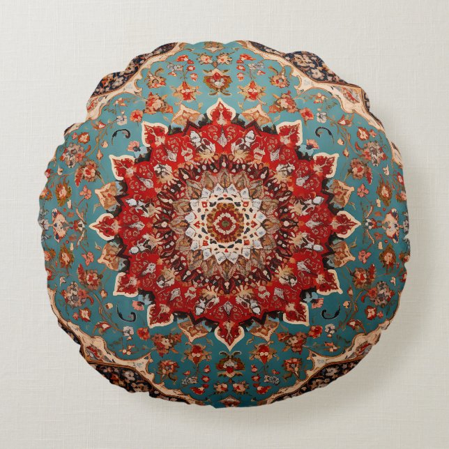 Coussins Ronds Oriental Retro Motif Perse Rouge Crème Bleu (Devant)