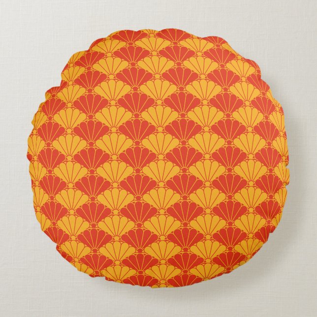 Coussins Ronds Oriental Rouge Jaune Kiku Chrysanthemum Mon Motif (Devant)