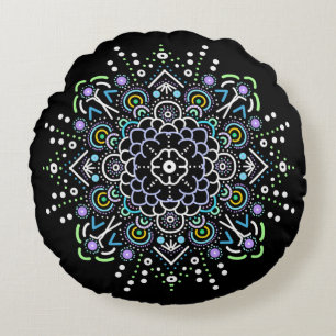 Coussins Ronds Ornement Mandala noir, violet et vert
