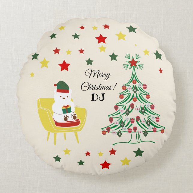 Coussins Ronds Ours blanc Lettres initiales Joyeux Noël (Devant)