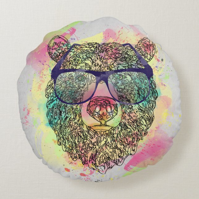 Coussins Ronds Ours d'aquarelle cool avec lunettes design (Dos)
