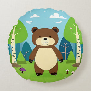 Coussins Ronds Ours de dessin animé mignon dans une scène de forê